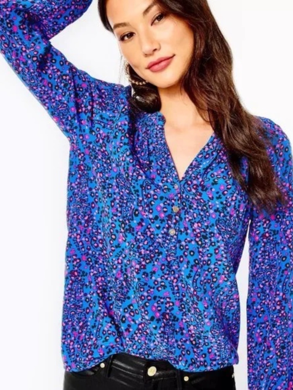 Lilly Pulitzer Elsa Silk Top in Blue Flare Growl and Prowl